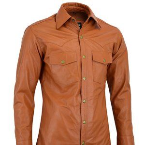 Men’s Shirt Slim Fit Vintage Motorcycle Antique Tan Soft Real Leather Shirt